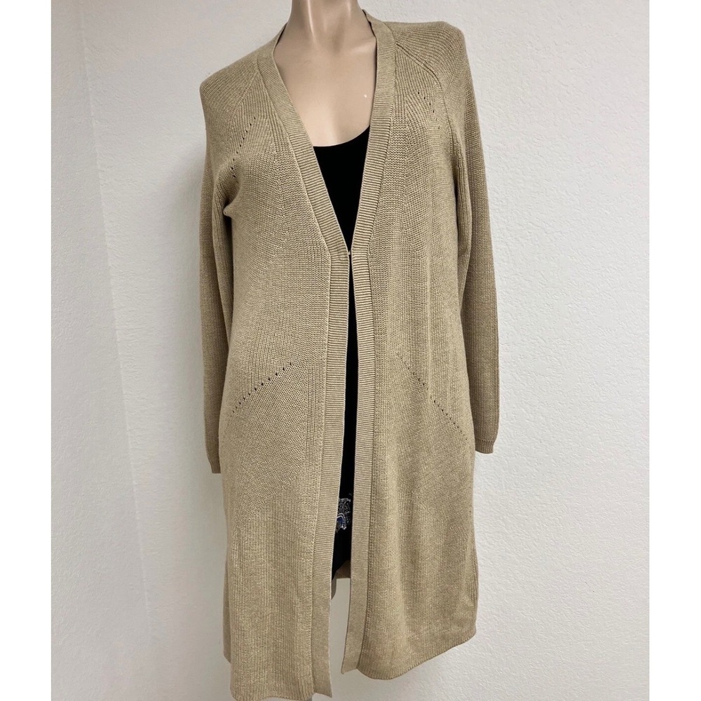 Cabi Cardigan Women M Tan Longline Hook Eye Ribbed Knit Duster 3359 Neutral Core